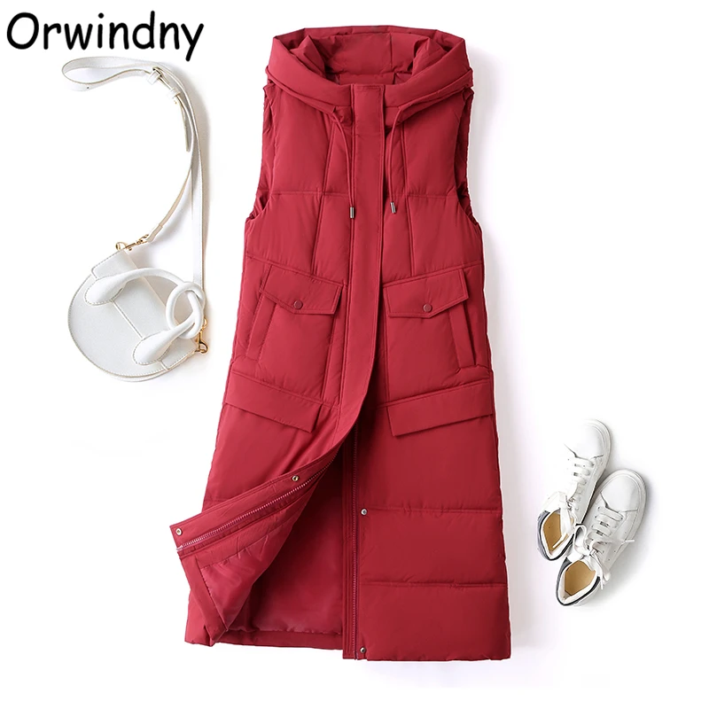 

Женский жилет без рукавов, длинная теплая хлопковая куртка, однотонная Мягкая Повседневная Свободная Женская зимняя теплая безрукавка с капюшоном, Orwindny