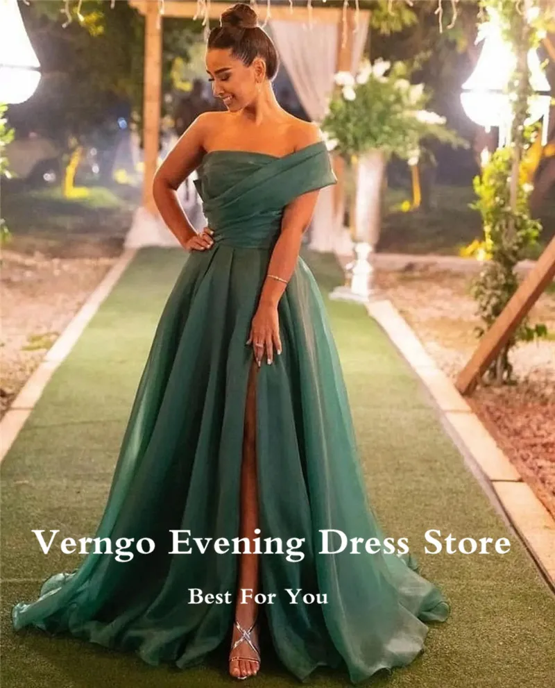 

Verngo A Line Dark Green Organza Evening Dresses One Shoulder Slit Simple Women Prom Dress Formal Party Gowns Robe de mariage