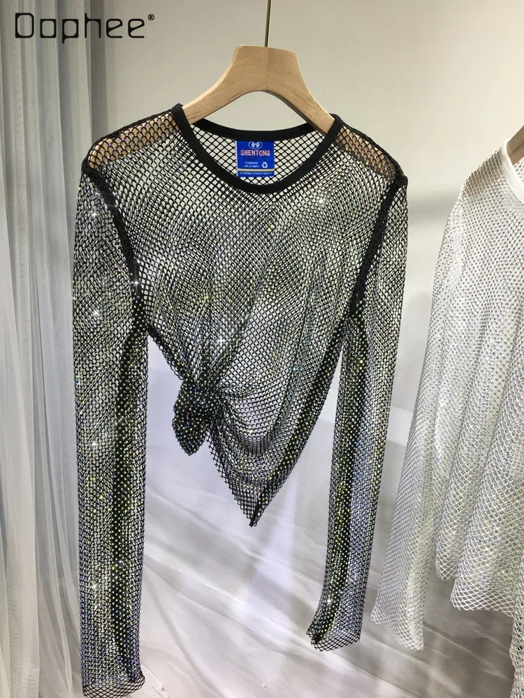 

Sexy Women's Shining Full Rhinestone Net Tops Summer New Luxury Hollow Breathable Long Sleeve Thin Mesh Blouse Inner Outer Wear