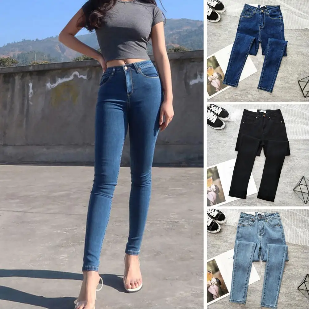 

Women Solid Color Skinny Jeans Mid-rise Pockets Denim Pants Slim Fit Button Zipper Fly Jeans Elastic Tights