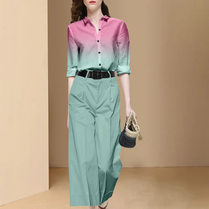 

2023 New Fashion Spring Summer Single Breasted Gradient Color Long Sleeves Tops 2-Piece Sets+High Waist Straight Trousers Suit
