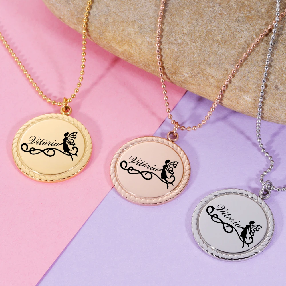 

Custom Laser Engraved Names Necklace Stainless Steel Round Pendant Valentine Day Gift Personalized Wedding Gifts For Guests