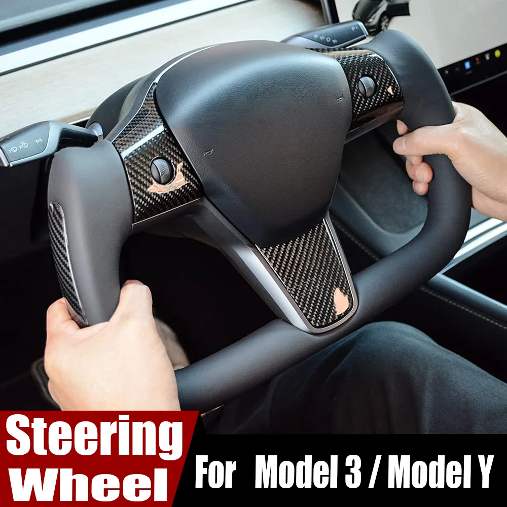 

350mm Full Black White Leather Real Carbon fiber Yoke Steering Wheel For Tesla Model 3 Model Y 2017-2023 Customiz Accessories