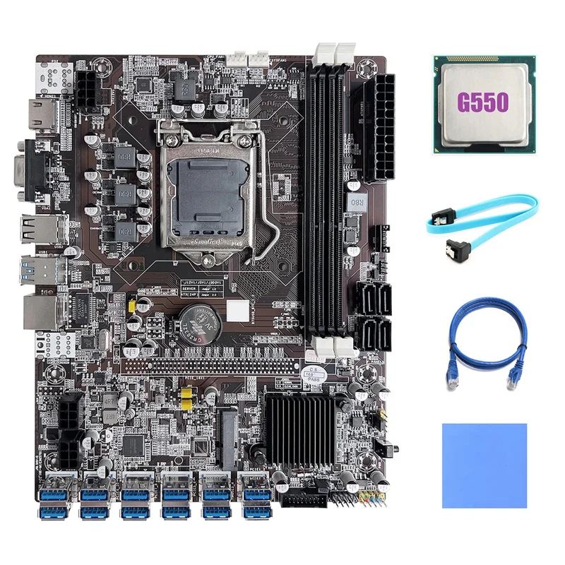 

Материнская плата B75 ETH для майнинга, материнская плата 12 PCIE на USB LGA1155 с процессором G550 + кабель SATA + сетевой кабель RJ45 + термоподушка