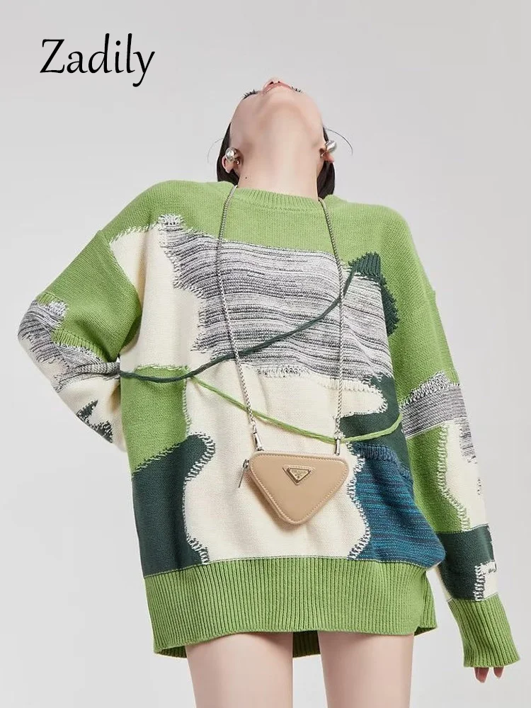 

Winter Oversize O Neck Women Sweaters Korea Style Patchwork Long Sleeve Ladies Knit Pullovers Female Clothing Tops