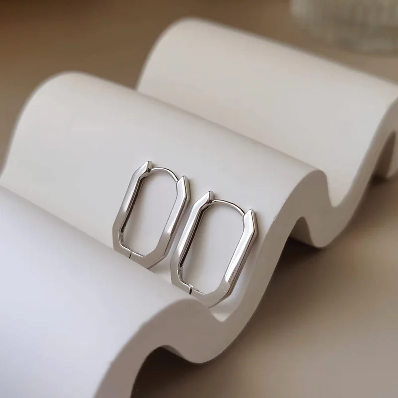 

925 Sterling Silver Hoop Earrings for Women, Geometric Rectangular Design, Fashion Jewelry