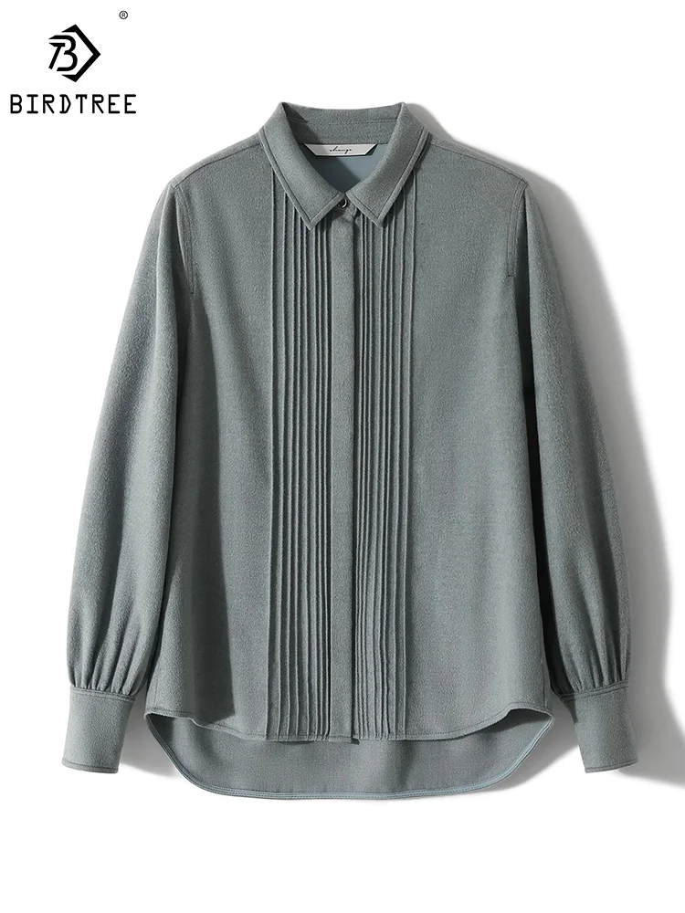 

Birdtree Mulberry Silk Camel Hair Heavy Elegant Shirt Women's Turn-down Collar Retro Loose Blouses Winter Fashion Tops T3N578QM