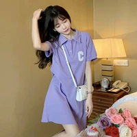 purple polo neck t shirt dress womens summer 2022 new korean version loose little man age reducing slim skirt