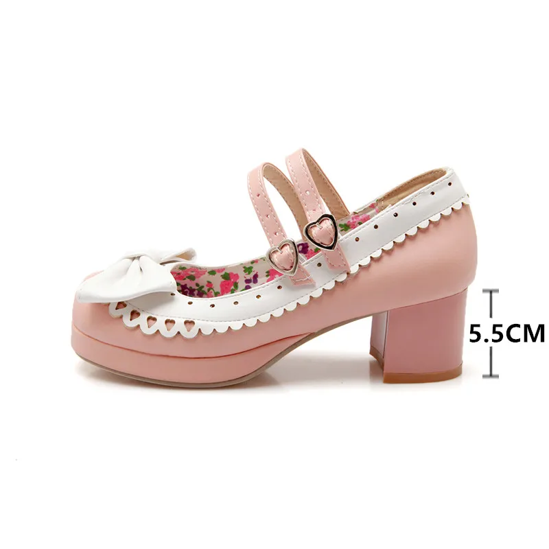 2021 New Spring Autumn Women Pumps Lolita Shoes Platform High Heels Pink Mary Jane Shoes Bow Block Heel Ladies Party Shoes 33-43