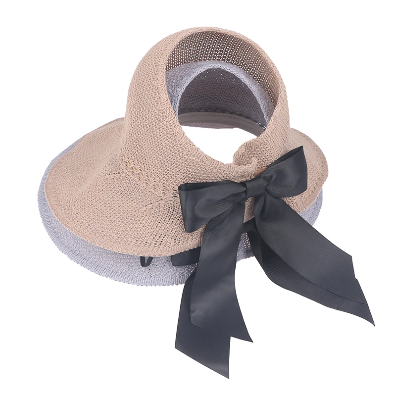 

1PC Spring Summer Knitted Empty Top Hats Wide Brim Knit Bowknot Straw Hats Foldable Beach Big Brim Sun Hat for Women
