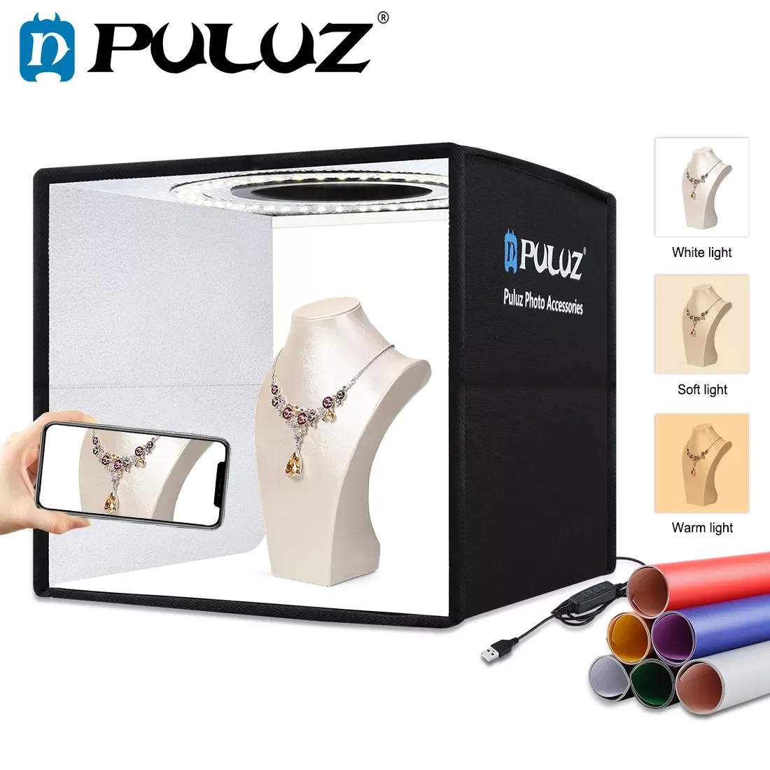 

PULUZ Softbox 3 Color light Modes Lightbox Dimmable Led Ring Light Box Photo Lighting Studio Shooting Tent Box 6 Color Backdrops