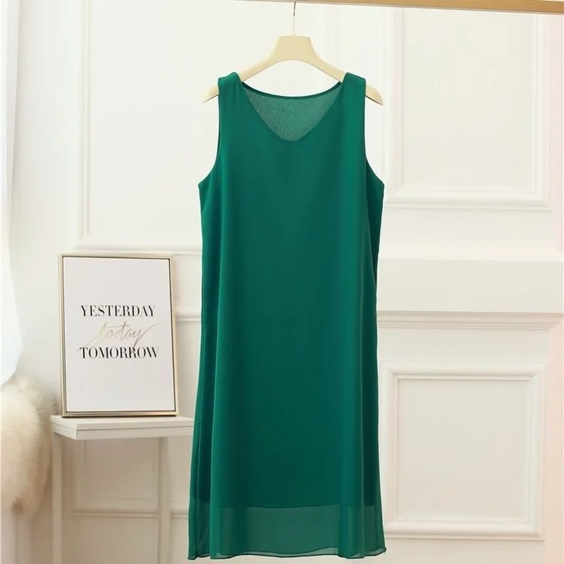 

MOYISU 2022 New Summer Daily Basic Dresses Sleeveless Women Solid Chiffon Loose V-Neck Casual Skirt Mid Length Dress A-line