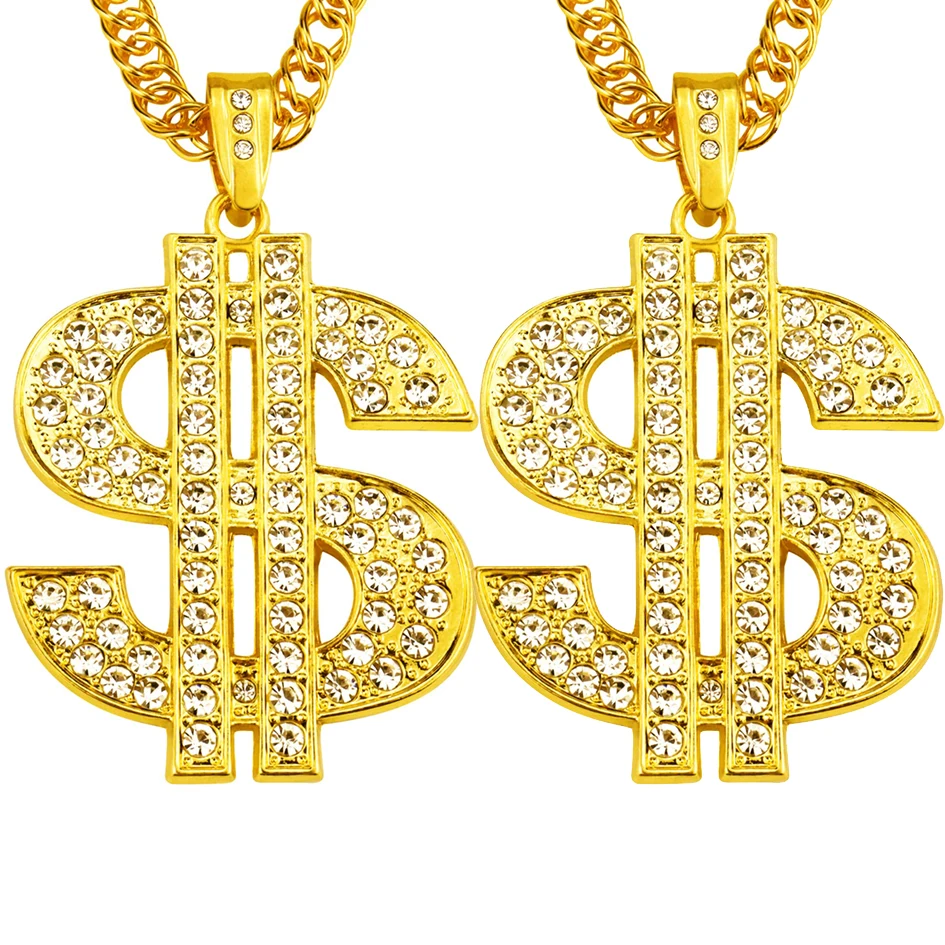 

Gold Rhinestones Dollar Chain Necklaces Hip Hop Men Gold Sparkling Dollar Sign Pendant Necklace & Ring Opening Adjustable Rings