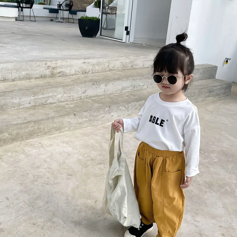 

Girls' simple letter printed T-shirt children's casual long sleeve top Korean bottomed shirt 6-36