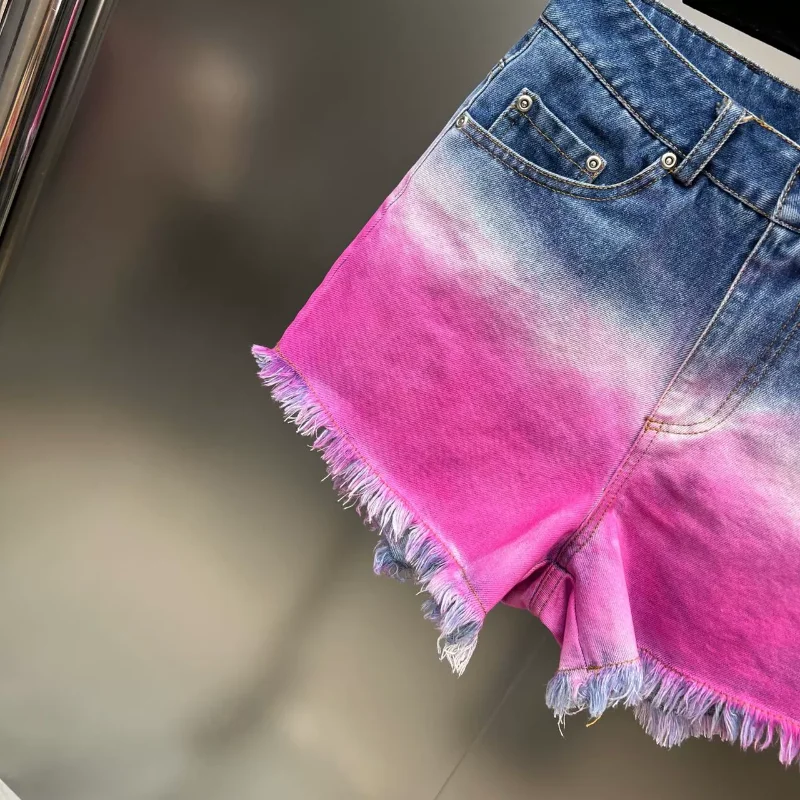 2023 New Women's Clothing Shorts Summer Gradient Color Tie-Dyed Washed Color Frayed Sweet Cool Hot Girl Style Denim Short Pants