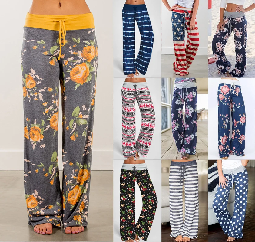 Spring Autumn Casual Loose Beach Women Pants Fashion Floral Print Drawstring Wide Leg Lady Long Pants Sweatpants