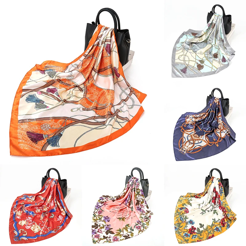 

1PC 90*90cm Fashion Scarves Scarf For Women Shawl Print Silk Satin Hijab Scarf Female Bandana Luxury Square Shawls Scarfs Ladies