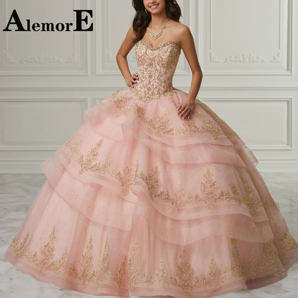 

Alemore Princess Layered Ball Gown Quinceanera Dresses Sweetheart Sleeveless Lace Appliques Beading Dropping Shipping Vestidos