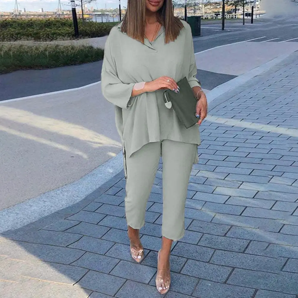 

2 Pcs/Set Women Top Pants Set Solid Color Soft Women Commuting Suit V Neck Loose Women Fall Casual Set Lady Ninth Pants Suit