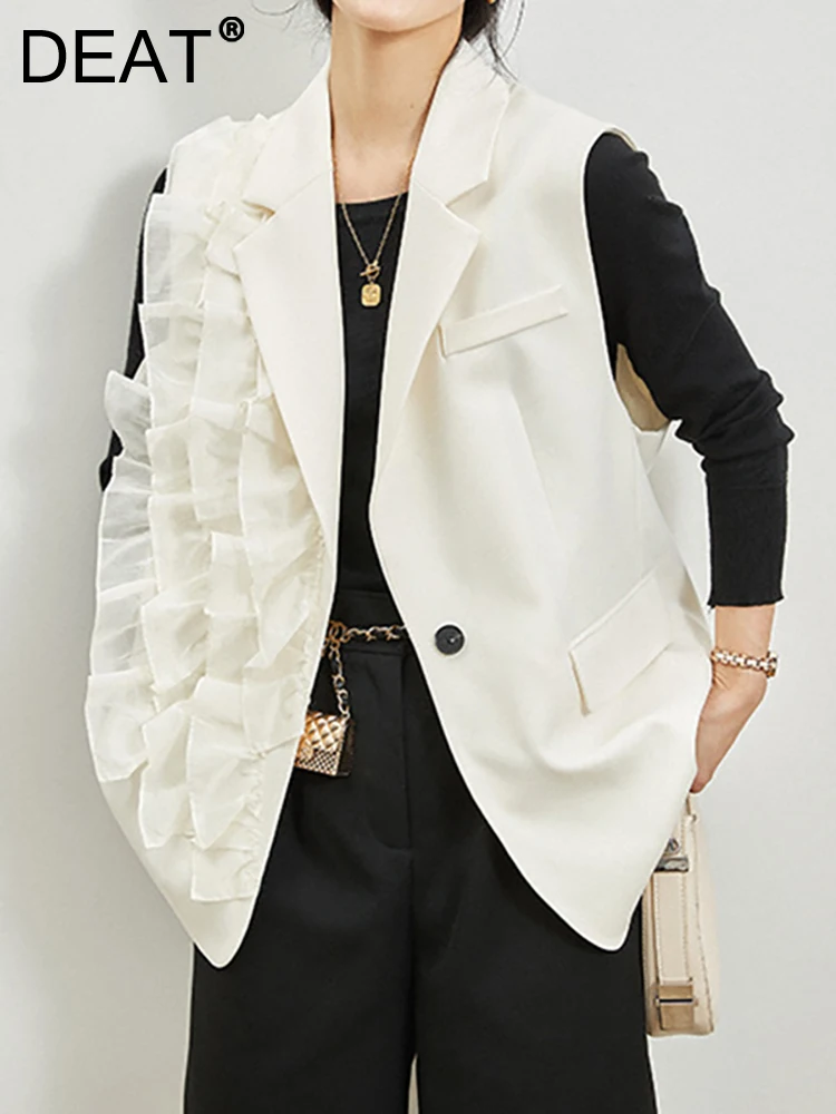 

DEAT Fashion Women's Waistcoat Notched Collar Slim Single Button Solid Color Sleeveless Pleated Vest Spring 2023 New 17A2008H