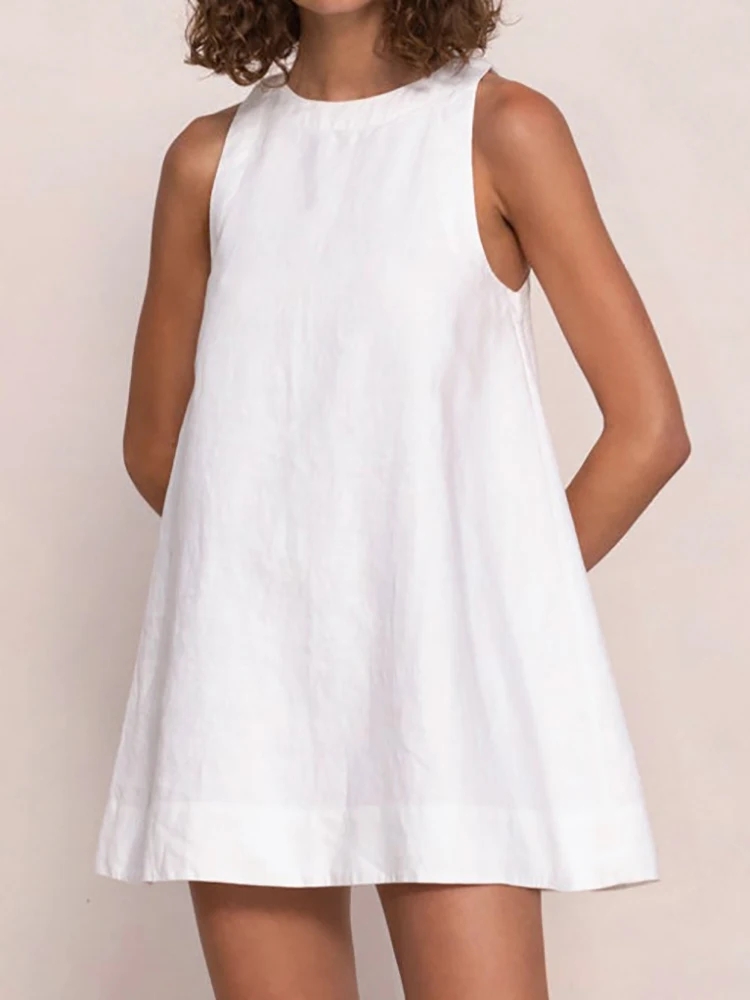 

Linad White Night Dress Women Loose O Neck Sleeveless Sleepwear Cotton Solid Woman Dresses 2023 Summer Casual Female Nightwear