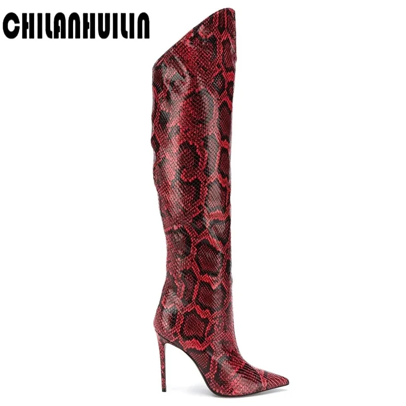 

European American pop printed snakeskin autumn winter stiletto high heel knight boots women thinner-looked knee high boots woman