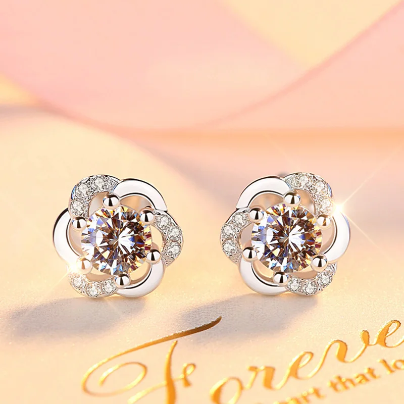 

Authentic 925 Sterling Silver Earring Fashion Hollow Petal Flower Crystal Stud Earring For Women Girl Wedding Party Jewelry Gift