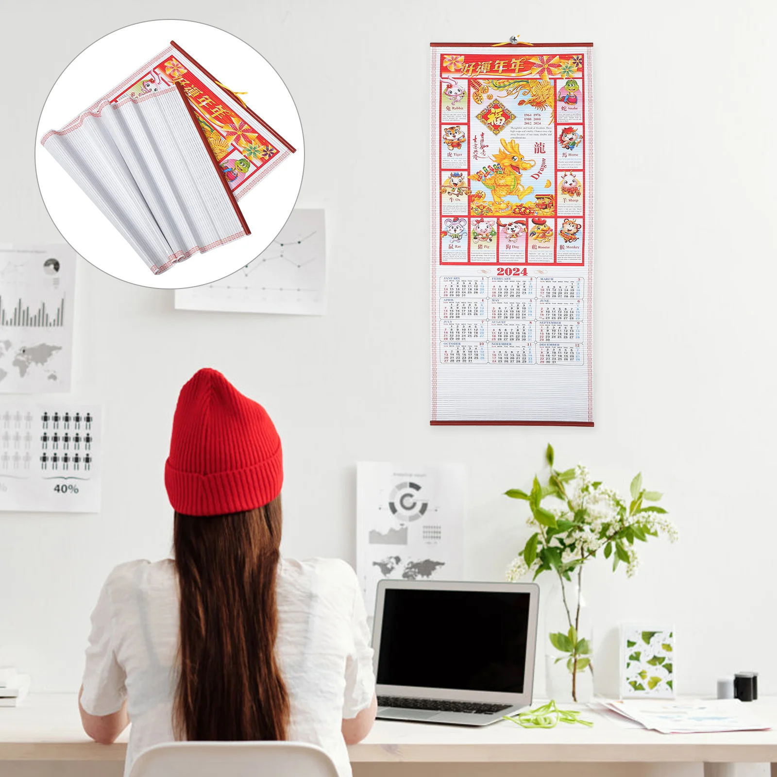 

Imitation Rattan Scroll Calendar Traditional Wall Desktop 2024 Paper Planner Calendars