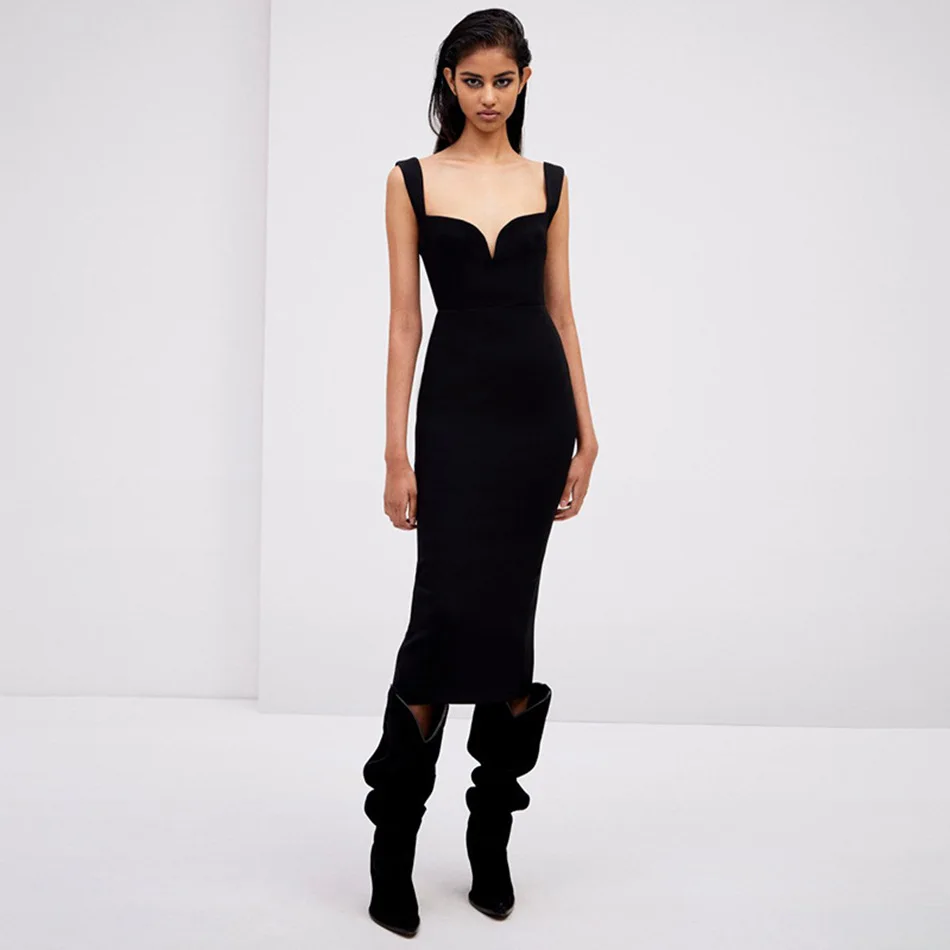 

2022 New Summer Women Sleeveless Midi Dress Sexy Spaghetti Strap V Neck Celebrity Club Elegant Evening Party Dress Vestidos