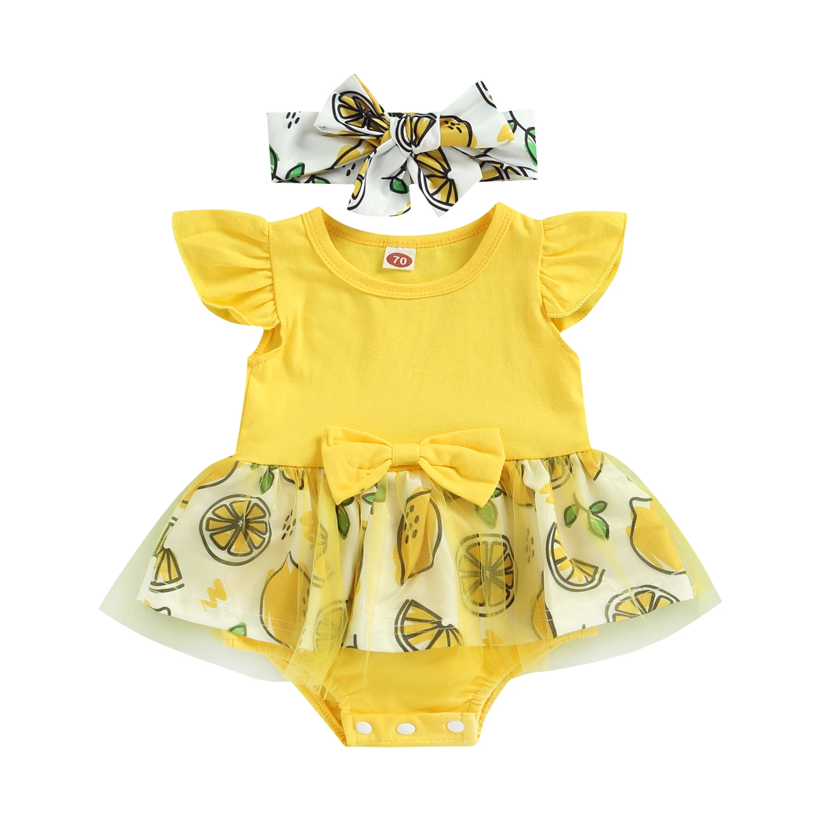 

2Pcs Baby Girls Summer Outfit, Lemon Print Flying-Sleeve Romper Dress + Hairband for Toddler, 0-18 Months