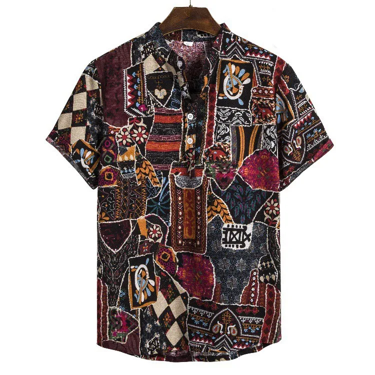 

Shirt Men's Hawaiian Sleeve Shirt Flower Turtleneck Short Men's Cardigan Beach Men Shirts Button Shirts Ethnic Loose Baggy