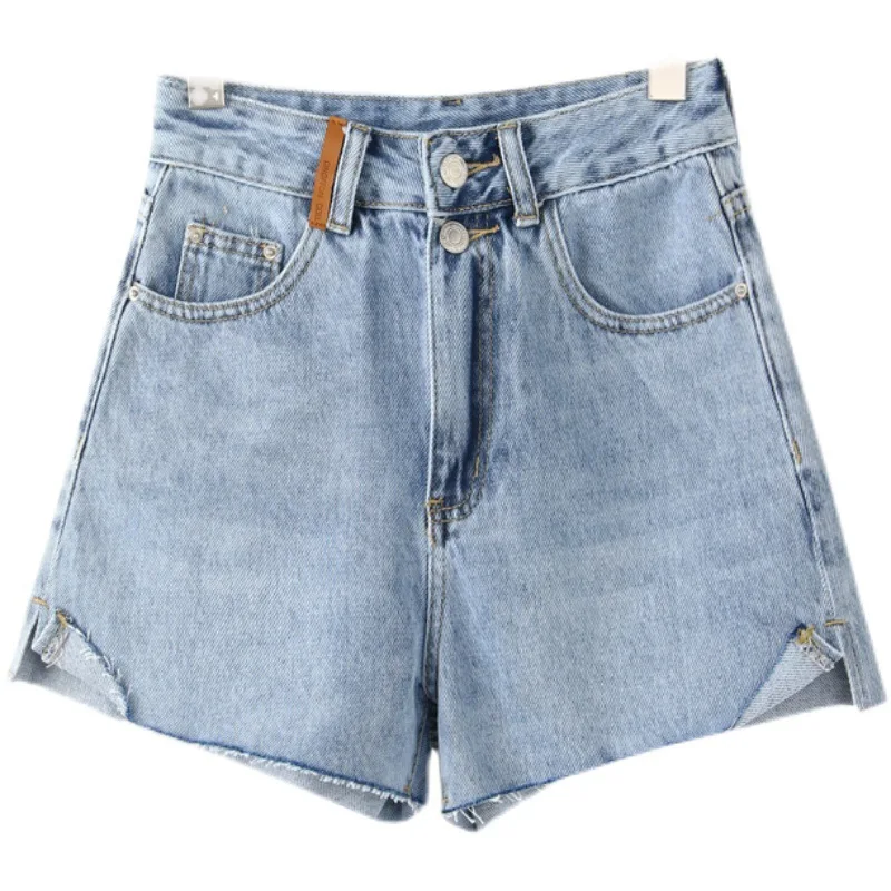 2021 Summer Women New High-waist Slit Slim Shorts Female Raw-edged Loose Jeans with Buttons Solid Color Cotton Casual Streetwear