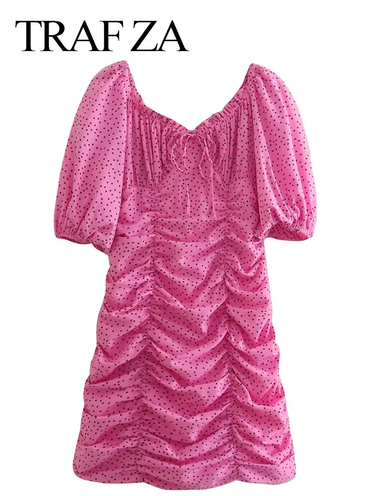 

TRAF ZA Casual Fashion Polka Dot Print Elastic Smocked Slim Fit Women's Dress Pink Puff Sleeves Elegant Cute Mini Lady Dress