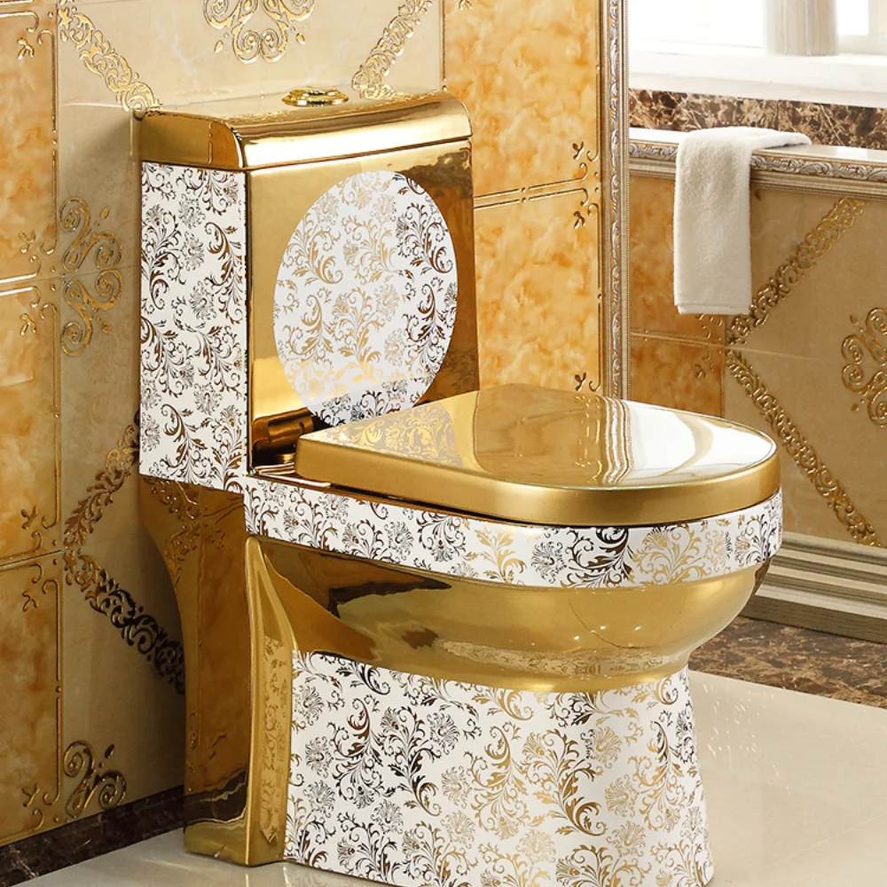 

European Style Artistic Golden One Piece Closestool Gravity Fluishing Washdown Toilet Luxious Villa Bathroom Seat Toilet