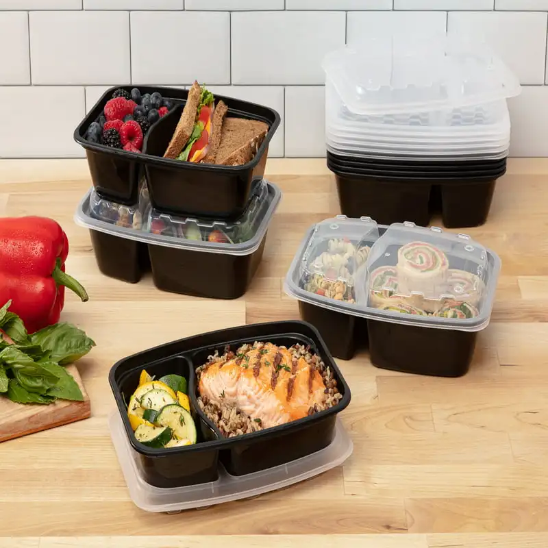 

oz 2-Compartment Rectangular Black Container with Clear Lid, 50 Pack - Re-usable , Freezer and Dishwasher Safe, BPA Free Food St