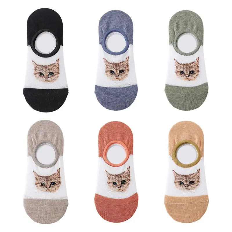 

Носки-невидимки Женские Жаккардовые с мультяшным изображением кота, сетчатые дышащие тонкие нескользящие носки с силиконовым захватом