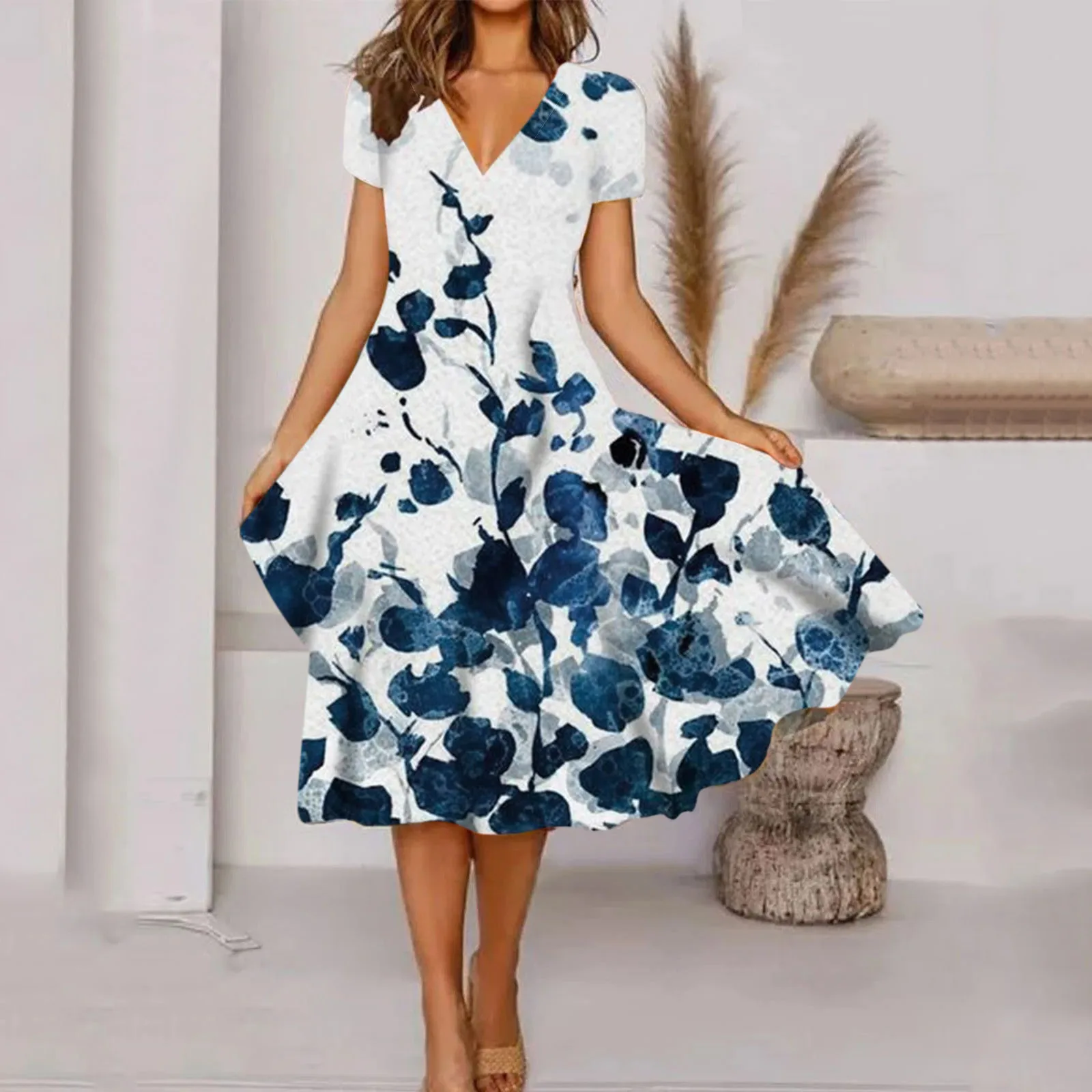 

Women Casual V Neck Short Sleeve Midi Dress Elegant Bohemian Retro Floral Printing Loose Dresses For Summer Women's Dress