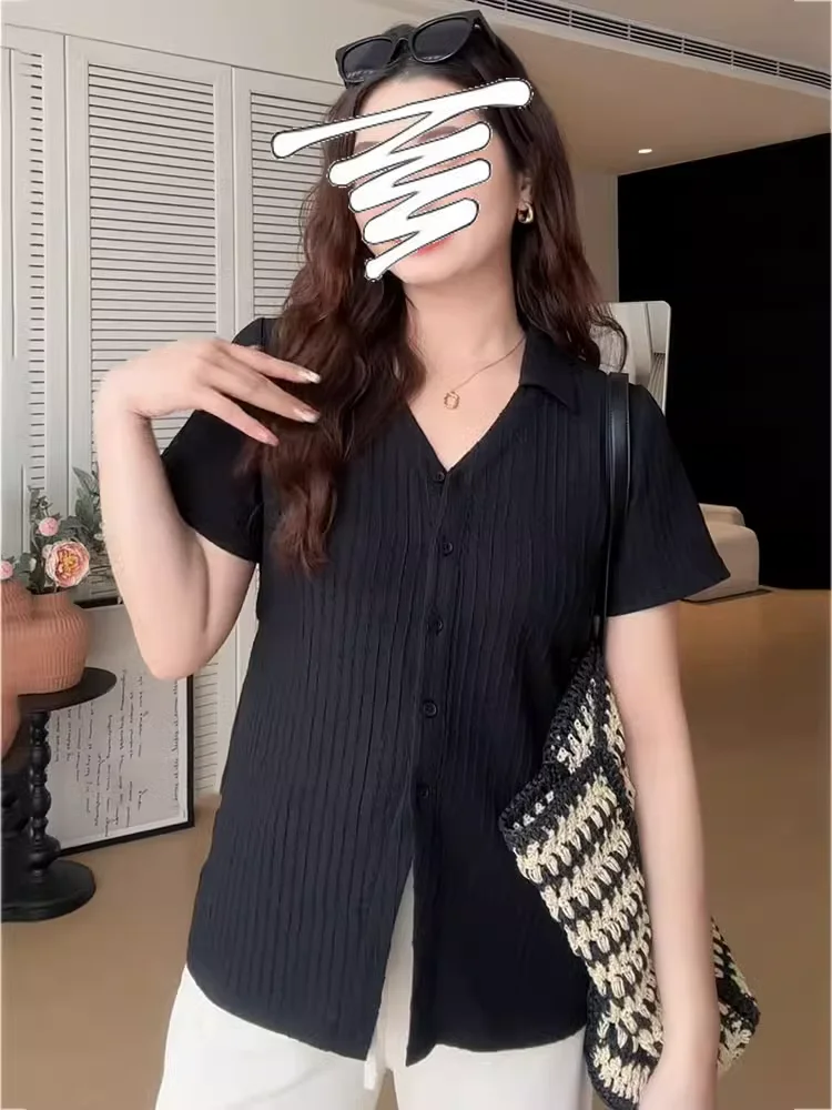 Plus size Black V-neck Shoulder Short sleeve T-shirt Women Summer New Chubby Girl Loose Belly Covering Hide Meat Slimming Shi... |