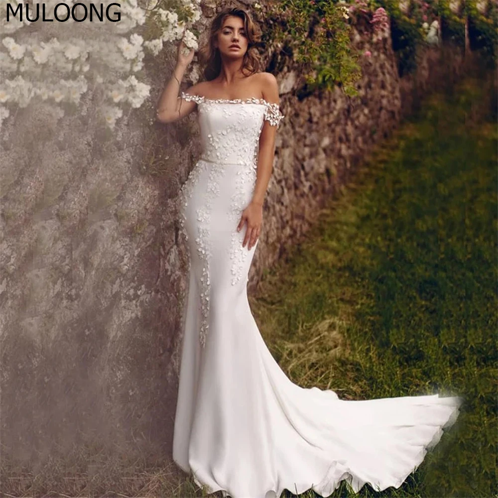 

MULOONG White Strapless Off The Shoulder Sleeveless Lace Appliques Mermaid Wedding Dress Backless Floor Length Sweep Train New