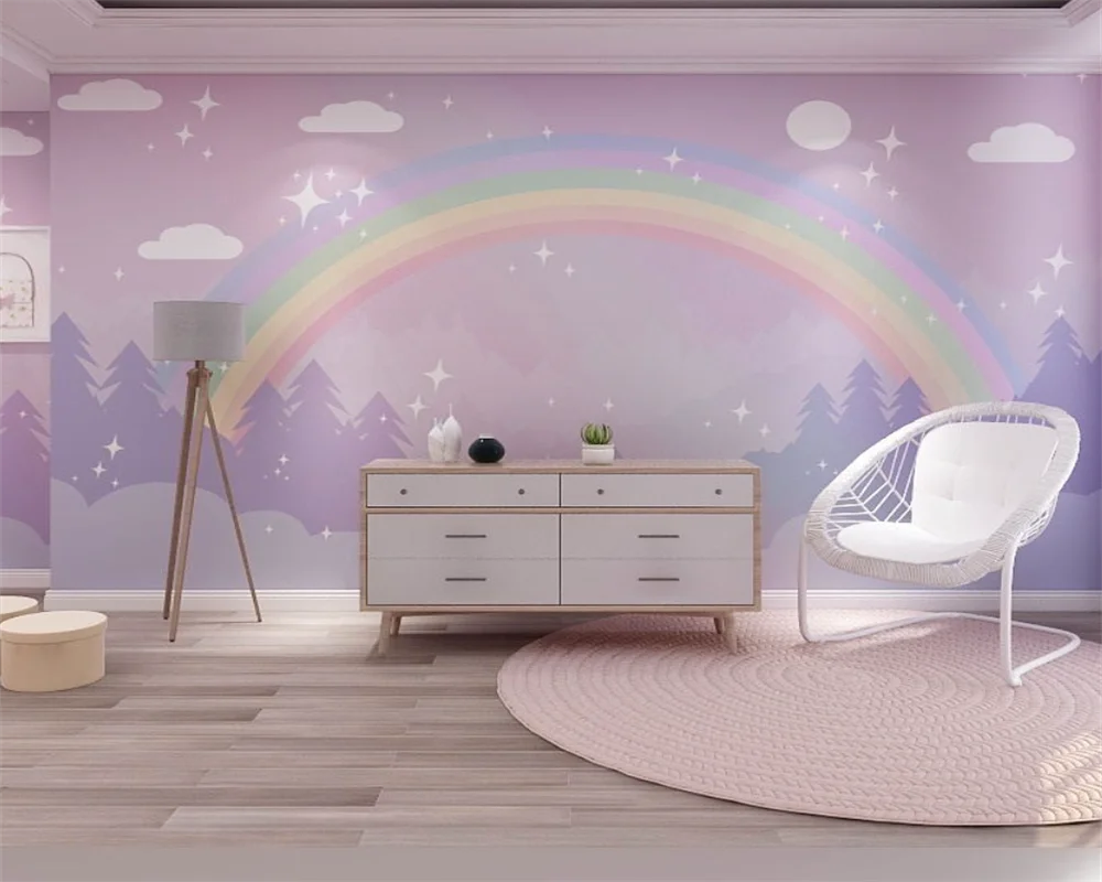 

Beibehang papel de parede Custom Cartoon Children's Room Purple Clouds Rainbow Girl Bedroom Princess Room Background Wallpaper