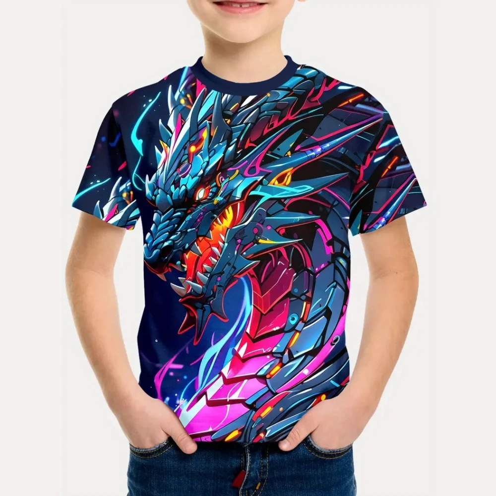 Фото Детская одежда 2025 года, футболка с короткими рукавами и графическим принтом гигантского дракона, уличные летние удобные футболки с круглым вырезом для мальчиков №4