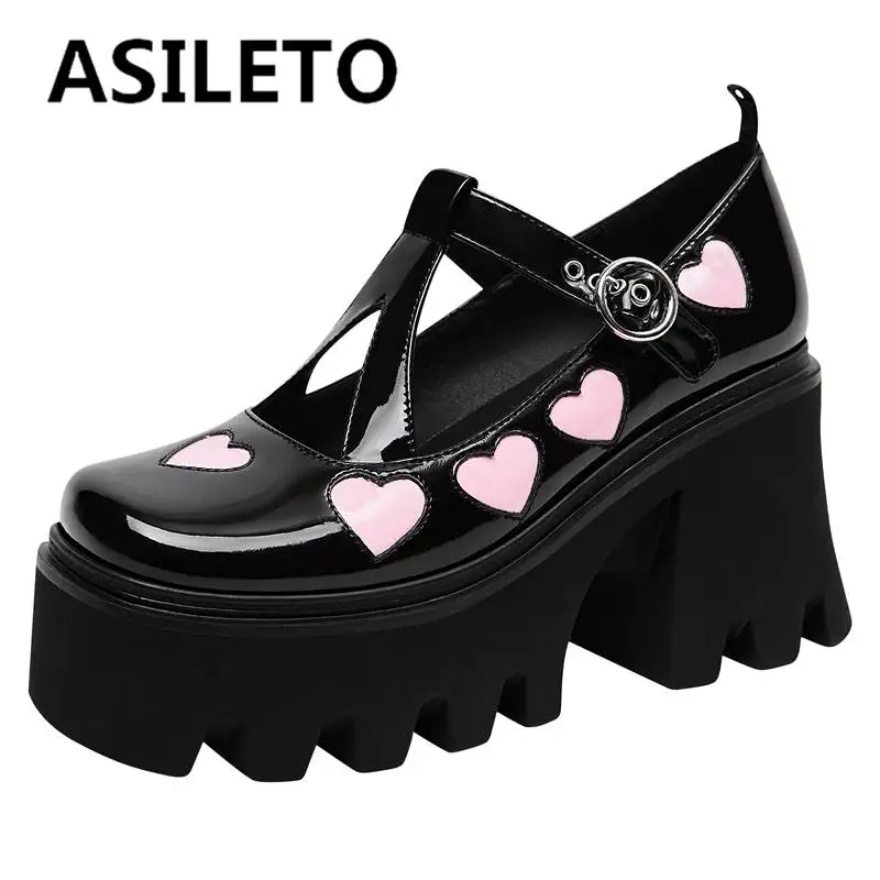 

ASILETO Design Shoes For Women Pumps Round Toe Block Heels 9.5cm Platform Hill 6cm Buckle Strap Mary Jane Heart Big Size 42 43