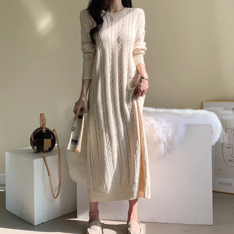 

Women 2021 Long Sleeve Elegant Sweater Knitted Dresses Autumn Sweater Long Dress Winter Warm Loose Maxi Knitwear Pullover Female