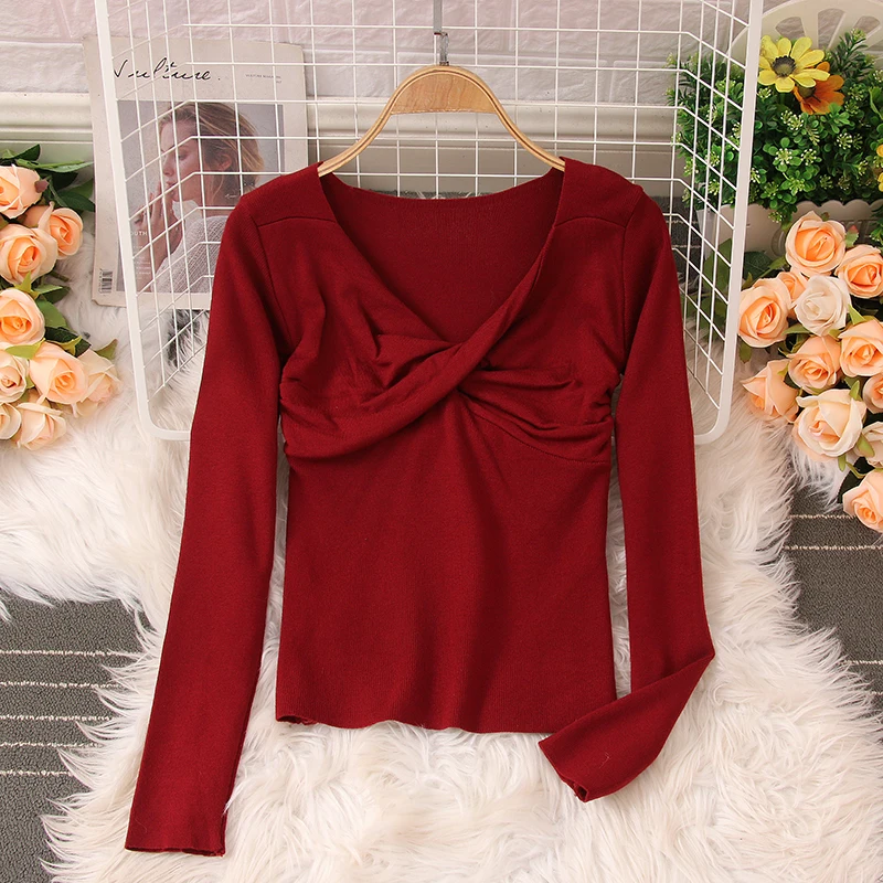 

Осенняя вязаная элегантная женская блузка с V-образным вырезом и длинным рукавом Женская облегающая шикарная красная/черная/белая/женская ...