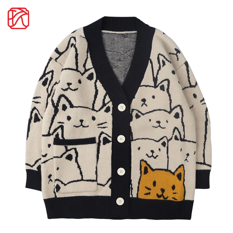 

Harajuku Cartoon Cat Print Cardigan Sweater Men Streetwear Pattern Knitwear Sweater Men Fashion Casual Knit V Neck Women Sweater