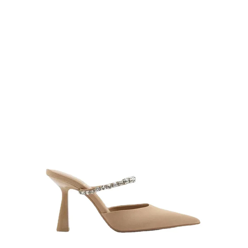 TRAF Summer Heels Women Pumps 2022 Rhinestone High Heels Mules Elegant Office Modern Slingback Heeled Shoe Beige Black Heels