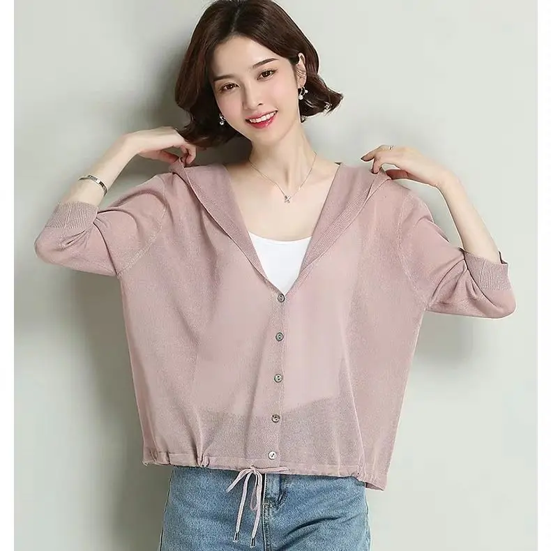 Солнцезащитная рубашка с капюшоном вязаный свитер из ледяного шелка Женская