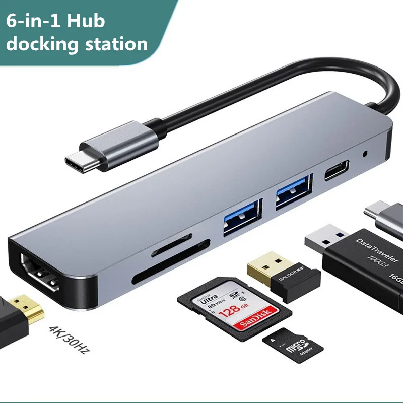 

AD-042 USB C 6 In 1 Hub Docking Station Laptop Mobile Phone Type-C PD Charging USB3.0/USB2.0 SD TF HDMI 4K HD Converter Splitter