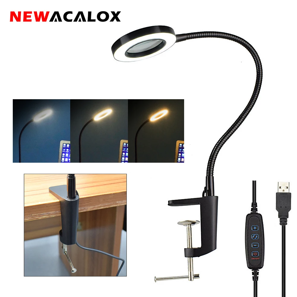 NEWACALOX USB 3X светящаяся Лупа 3 цвета светодиодный светильник увеличительное стекло