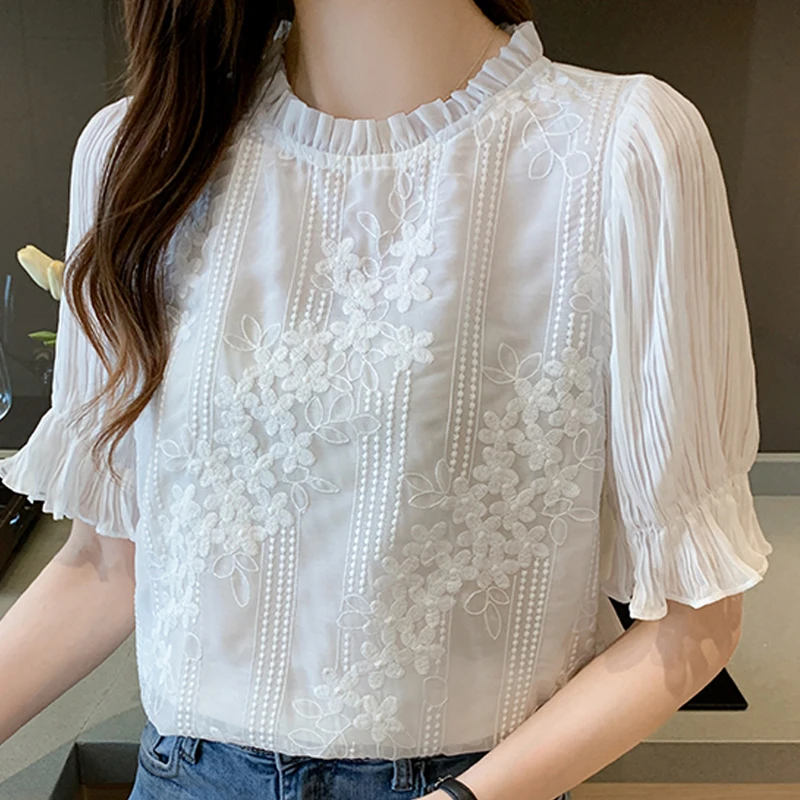 

Summer Short Sleeve Women Blouse Flower Embroidery Lace Chiffon Blouse Shirt Blouse Women Blusas Mujer De Moda 2022 Blouses E950